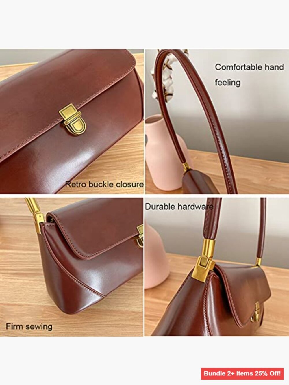 Small Leather Hobo Shoulder Bag with Buckle Closure Mini Tote Purse - Picture 6 of 7